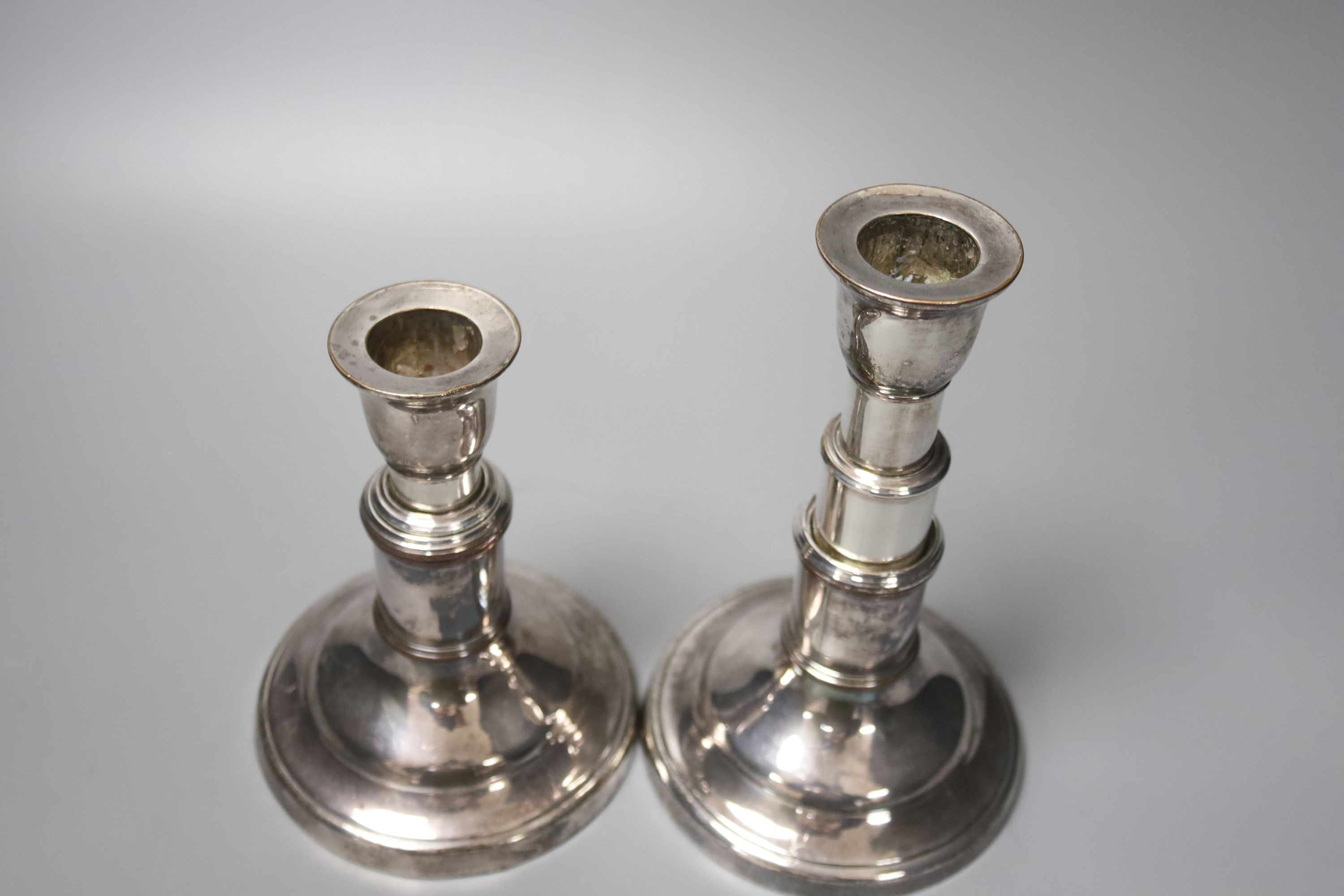 A pair of telescopic Old Sheffield plate ships candlesticks 13-18cm